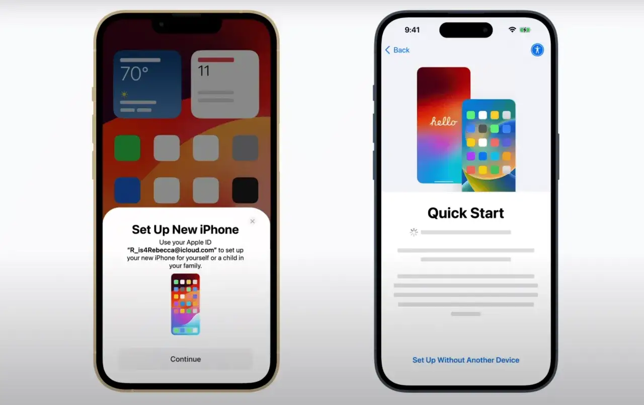 Tv&aring; iPhones visar hur man g&ouml;r en snabbstart. Den v&auml;nstra visar 