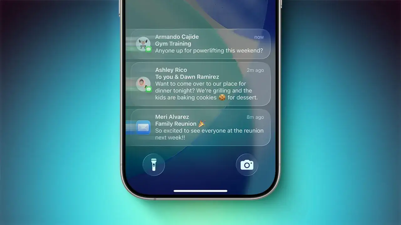 En iPhone visar gamla notiser: gymträning, middagsbjudning och familjeåterförening.