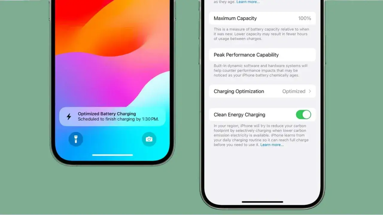 Tv&aring; iPhones visar inst&auml;llningar f&ouml;r batterih&auml;lsa. En visar 
