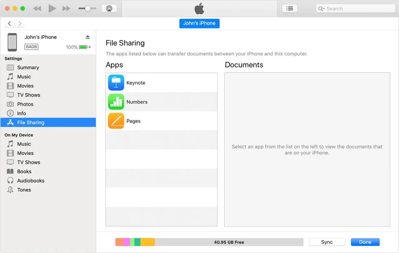 Här kan du ladda ner bilder från iPhone till datorn via filöverföring. Välj en app för att se dokument.
