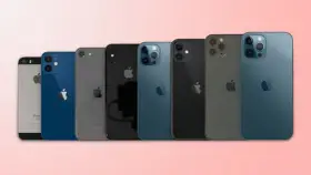 Rad av iPhones i olika färger och iphone storlekar, från SE till Pro Max-modeller.