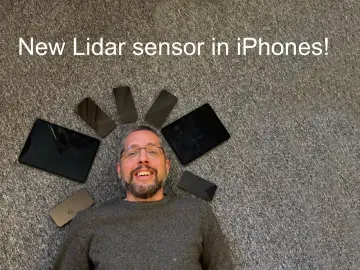 Man med glasögon omgiven av iPhones och iPads. Texten "New Lidar sensor in iPhones!" syns.