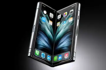 En futuristisk iPhone flip-telefon med två skärmar som visar ikonerna för appar.