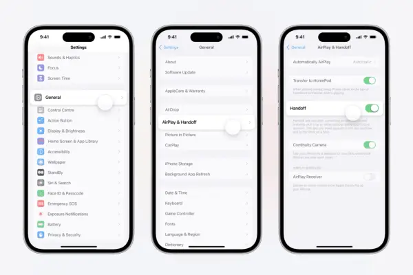Urklipp från iPhone-inställningar visar AirPlay & Handoff. Här kan du aktivera Handoff för smidig övergång mellan enheter.