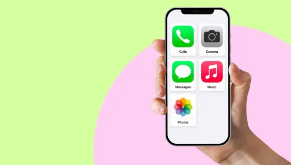 En hand håller en iPhone 13 med ikoner för samtal, meddelanden, kamera, musik och foton.