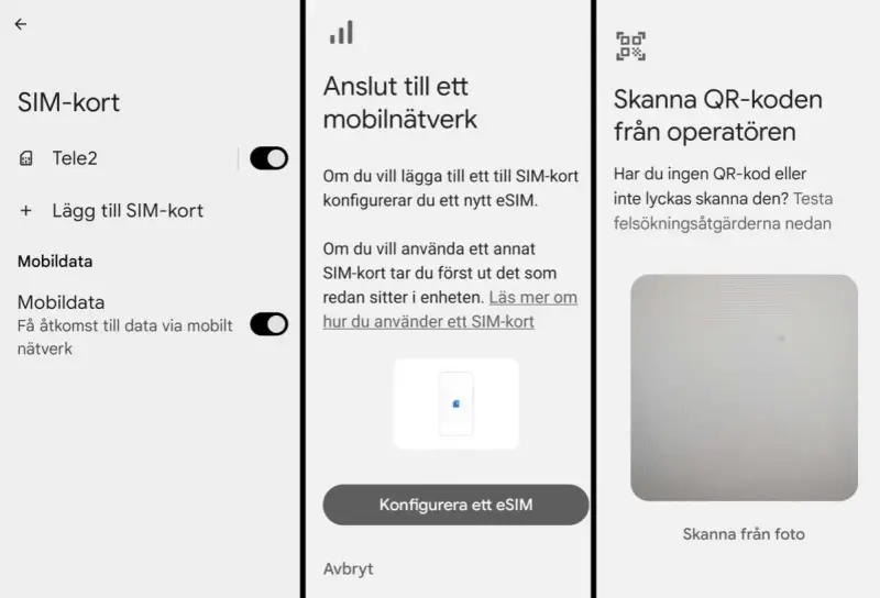Inställningar för SIM-kort. Visar alternativ för att lägga till SIM-kort, konfigurera eSIM och skanna QR-kod från operatören.