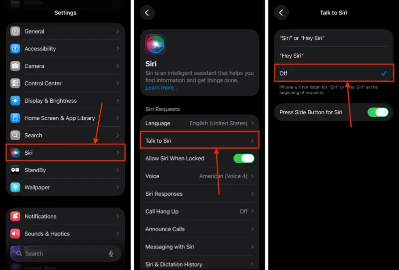 Inställningar för Siri. "Hej Siri" är avstängt.