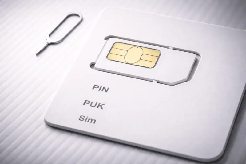 SIM-kort med PIN- och PUK-kod. Ett verktyg för att ta ut SIM-kortet ligger bredvid.
