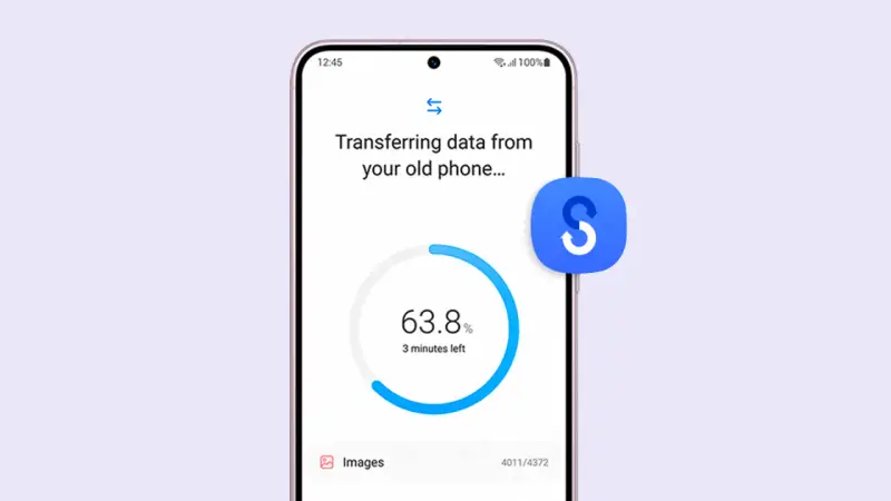 En Samsung-telefon visar dataöverföring från en gammal telefon. Appar och bilder flyttas, 63,8% klart.