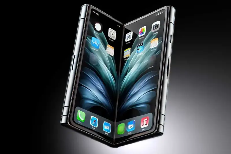 En futuristisk iPhone flip-telefon med två skärmar som visar ikonerna för appar.