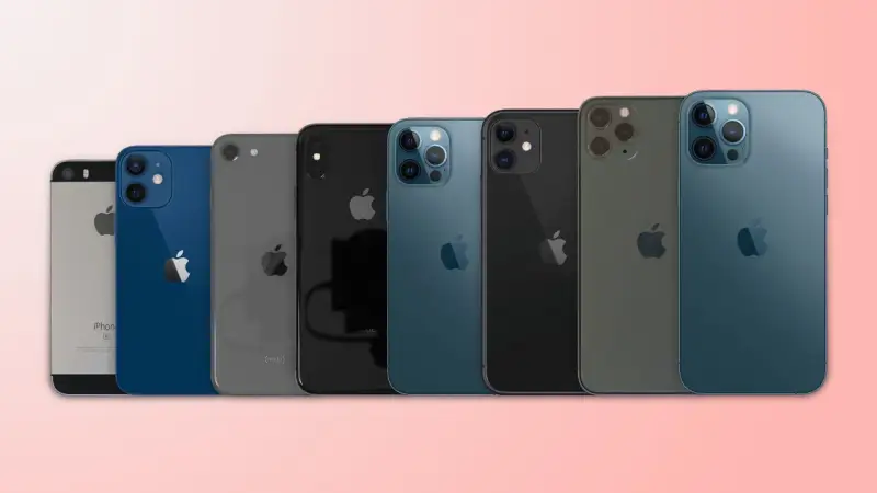 Rad av iPhones i olika färger och iphone storlekar, från SE till Pro Max-modeller.